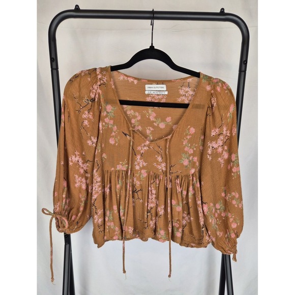 Urban Outfitters Tops - Urban Outfitters Gauzy Crop Top 3/4 Cinch Sleeves Front Tie Burnt Orange Floral